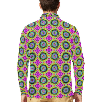 Optical illusion Flower Rainbow Style Long Sleeve Polo Shirt For Men's