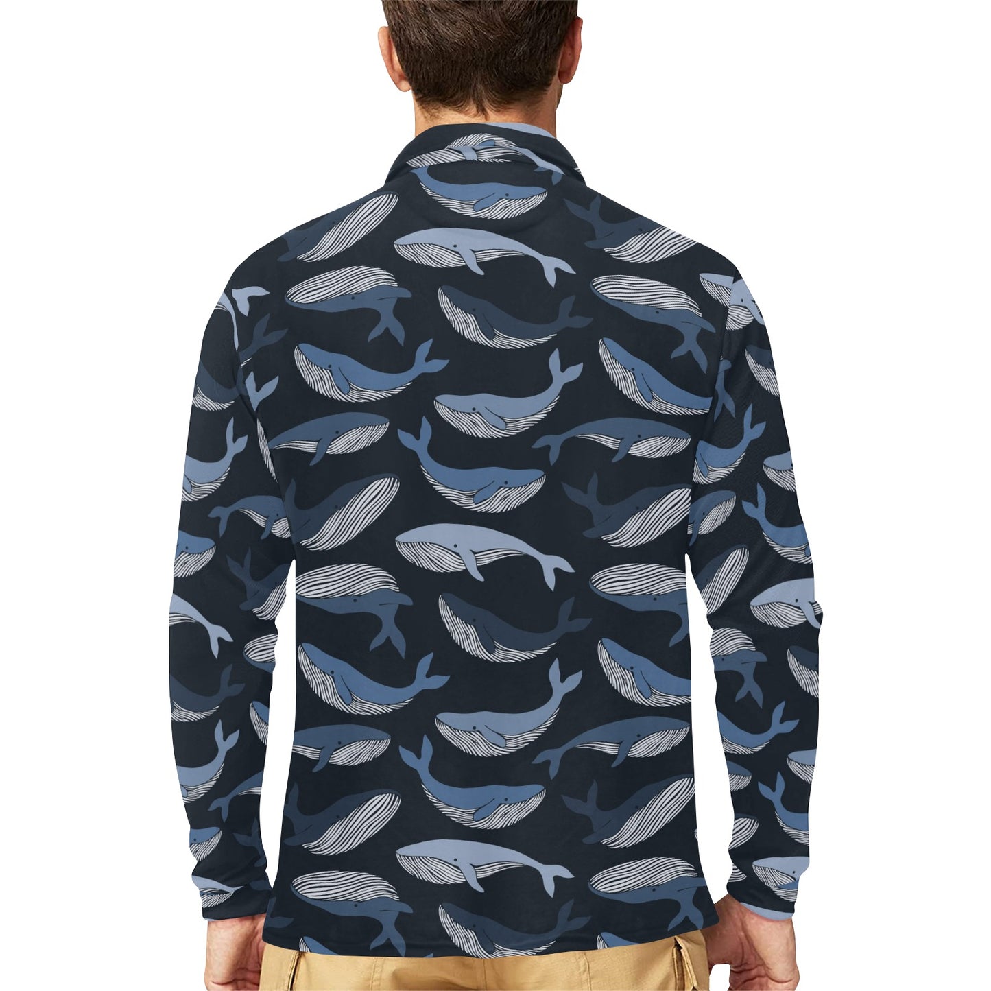 Whale Print Design LKS301 Long Sleeve Polo Shirt For Men's
