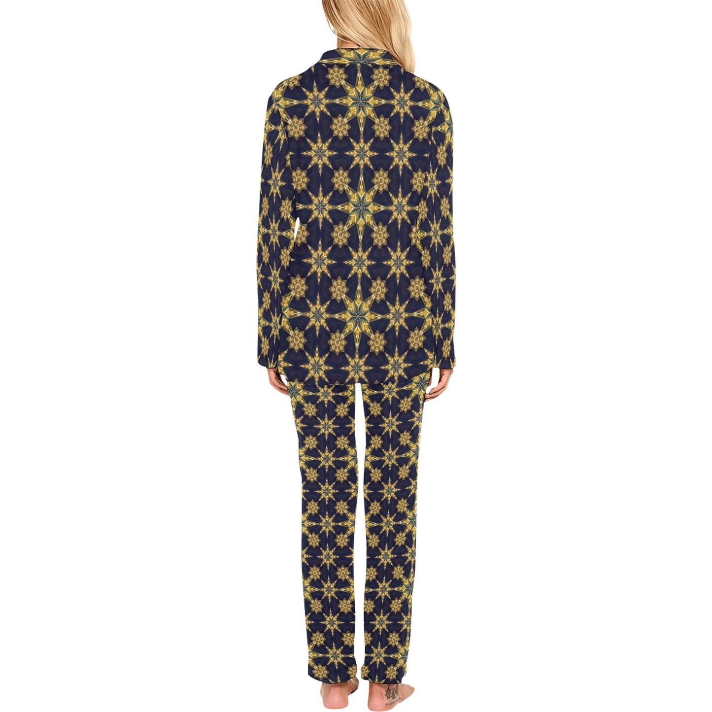 kaleidoscope Gold Print Design Women's Long Pajama Set