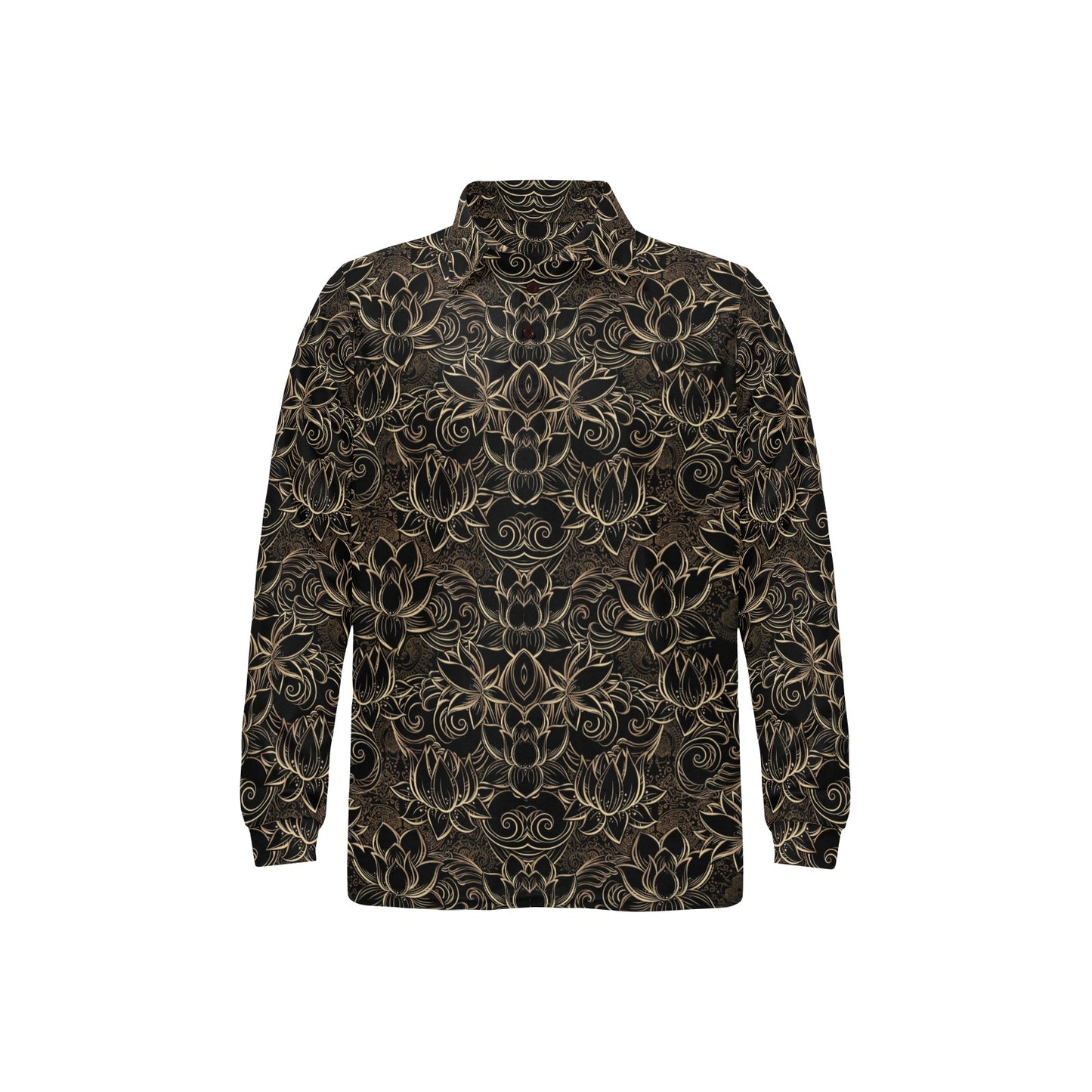 Lotus Gold Mandala Design Themed Long Sleeve Polo Shirt For Men's