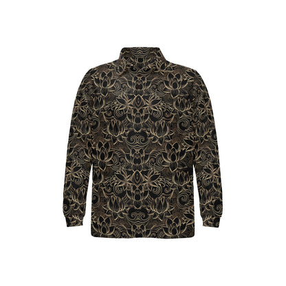 Lotus Gold Mandala Design Themed Long Sleeve Polo Shirt For Men's