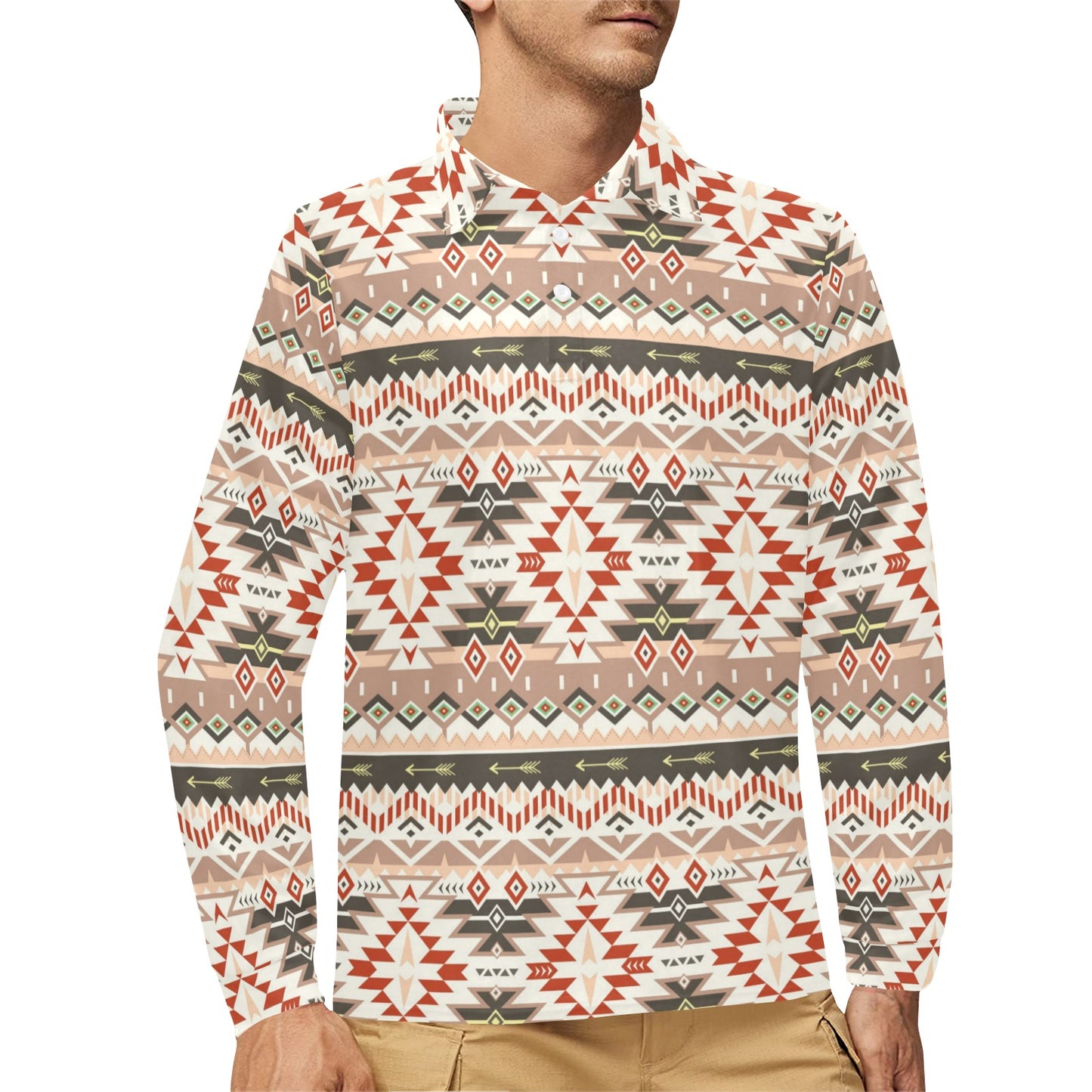 Aztec Pattern Print Design 05 Long Sleeve Polo Shirt For Men's