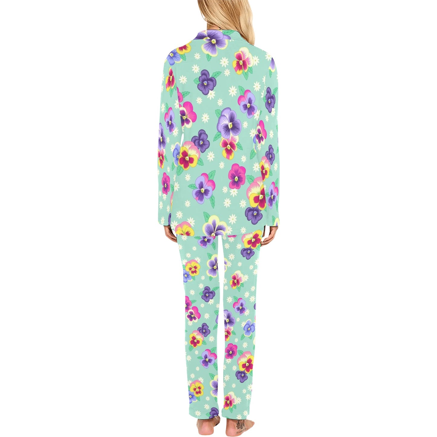 Pansy Pattern Print Design PS08 Women's Long Pajama Set