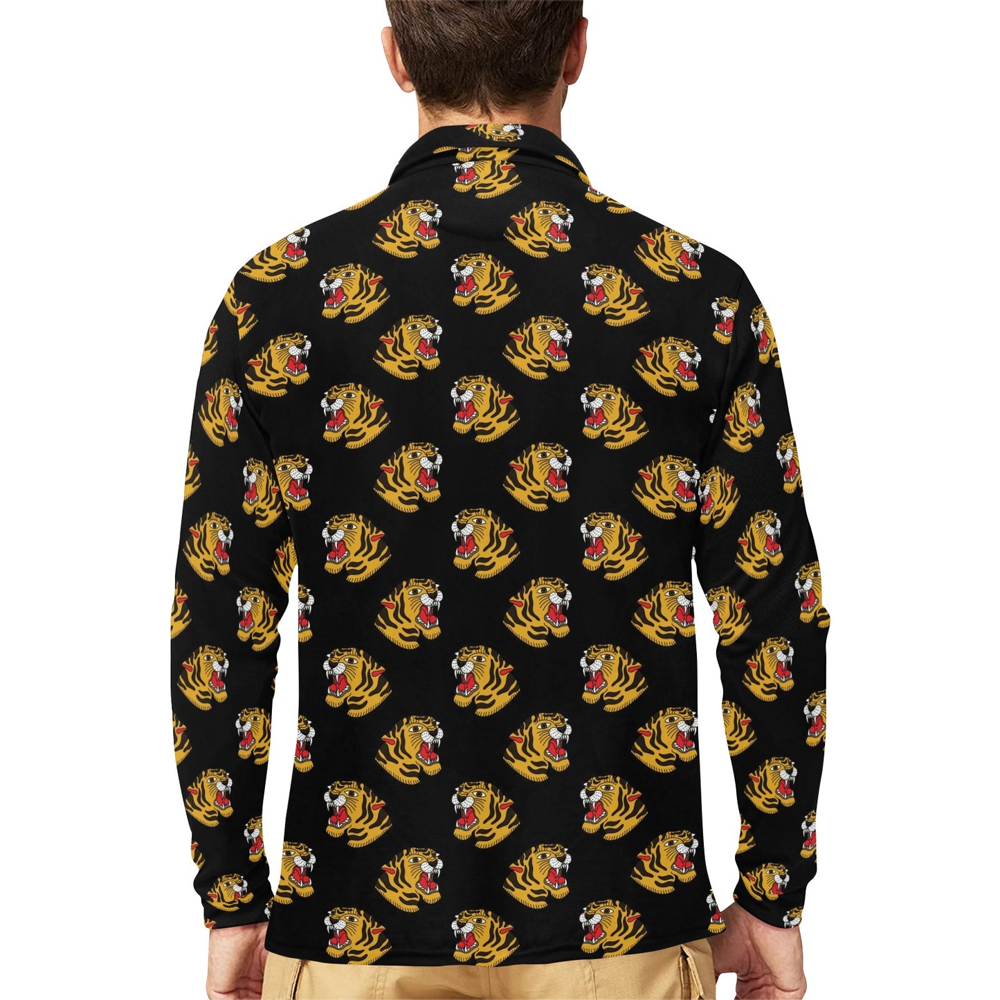 Tiger Head Print Design LKS306 Long Sleeve Polo Shirt For Men's