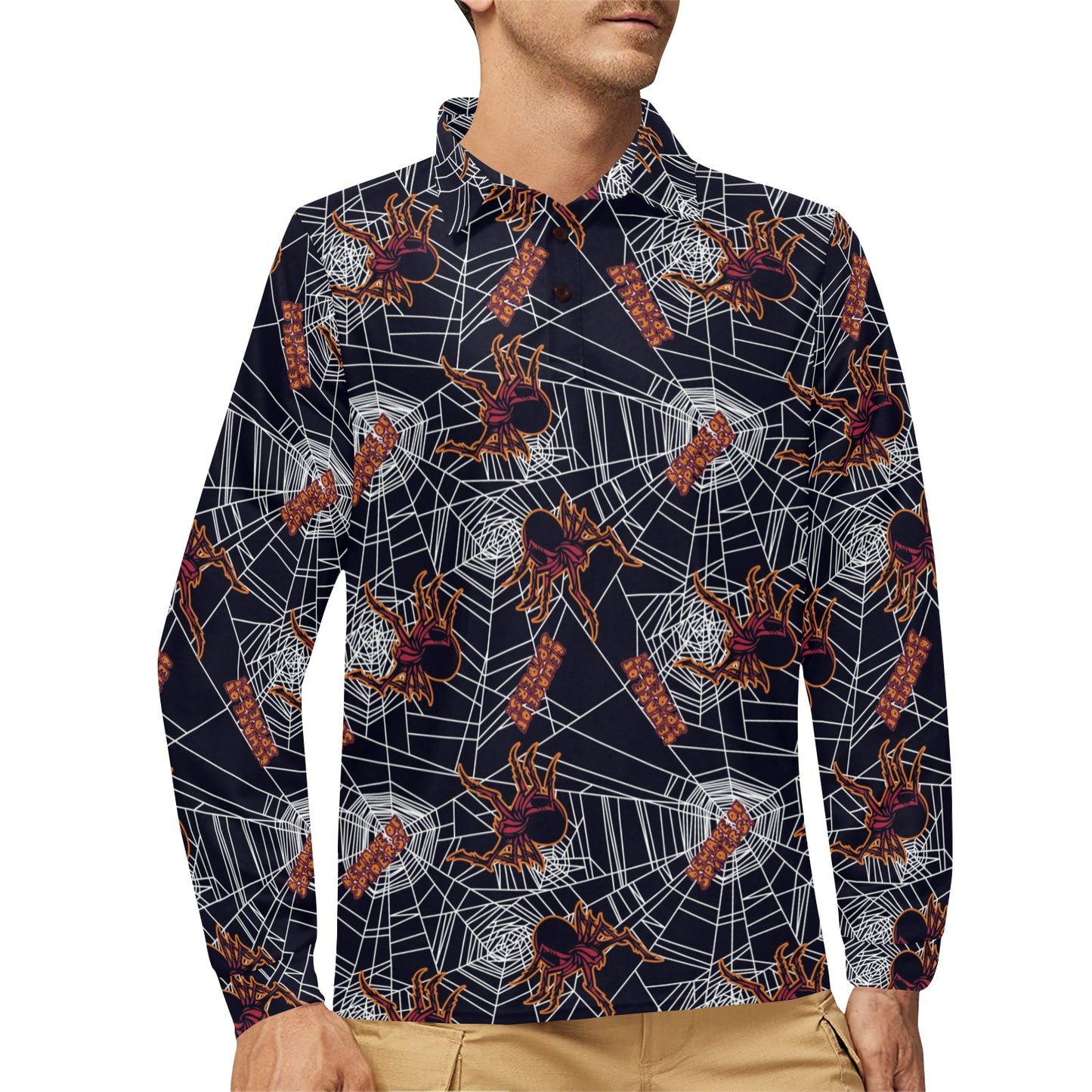Tarantula Spiderwebs Pattern Print Design 01 Long Sleeve Polo Shirt For Men's