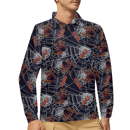 Tarantula Spiderwebs Pattern Print Design 01 Long Sleeve Polo Shirt For Men's