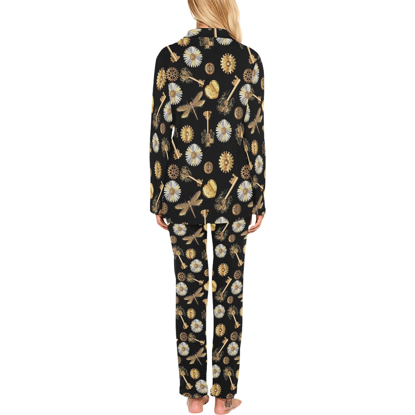 Steampunk Dragonfly Design Themed Print Women's Long Pajama Set