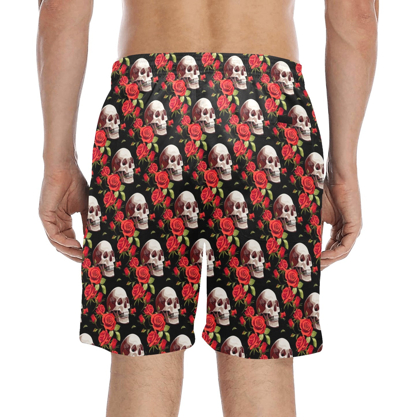 Red Rose Skull Design Print Men's Swim Trunks Beach Shorts