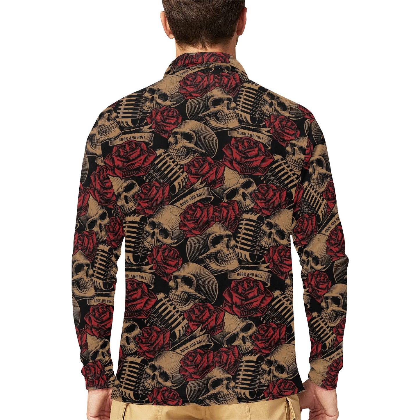 Microphone Skull Rose Pattern Print Design 02 Long Sleeve Polo Shirt For Men's