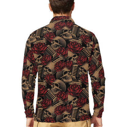Microphone Skull Rose Pattern Print Design 02 Long Sleeve Polo Shirt For Men's