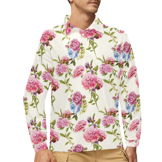 Carnations Pattern Print Design CN02 Long Sleeve Polo Shirt For Men's