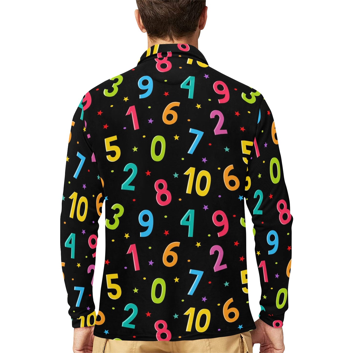 Number Pattern Print Design A04 Long Sleeve Polo Shirt For Men's