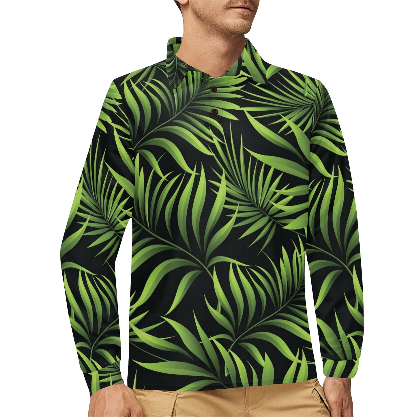 Palm Leaves Pattern Print Design PL07 Long Sleeve Polo Shirt For Men's