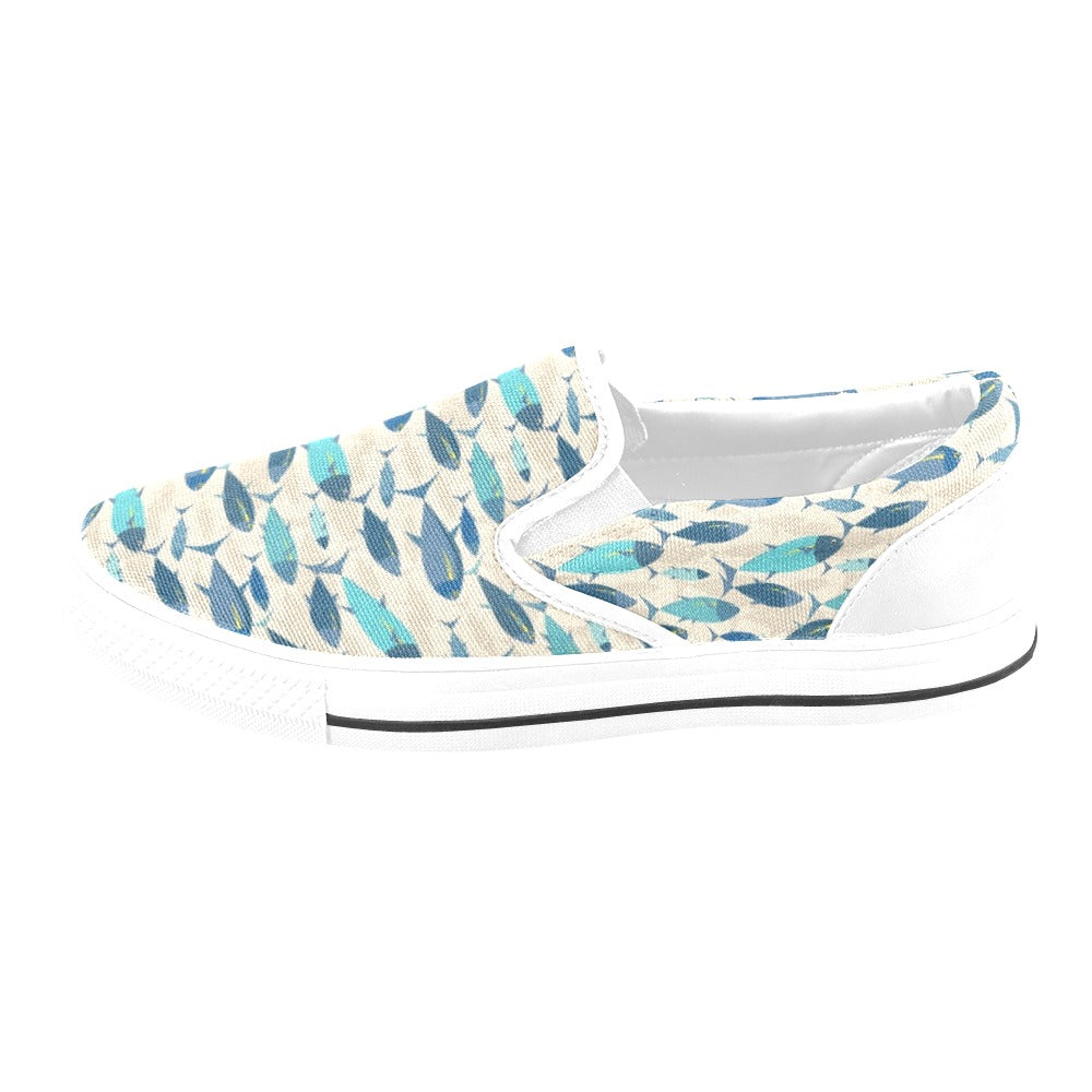 Tuna Fish Print Design LKS302 White Slip Ons Canvas Women's Shoes