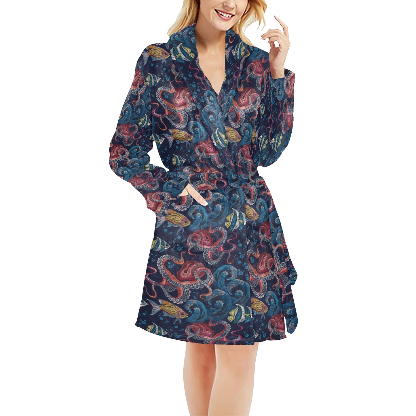 Underwater Giant Squid Print Design LKS302 Women's Fleece Robe
