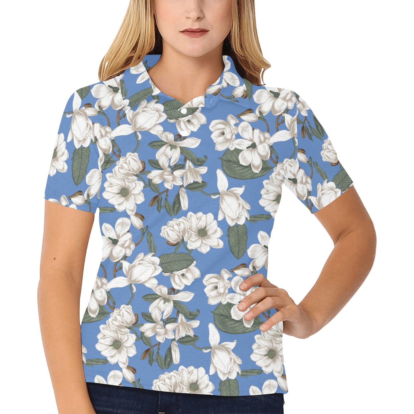 Magnolia Pattern Print Design 01 Women's Polo Shirt