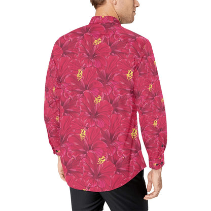 Hibiscus Red Pattern Print LKS308 Men's Long Sleeve Dress Shirt