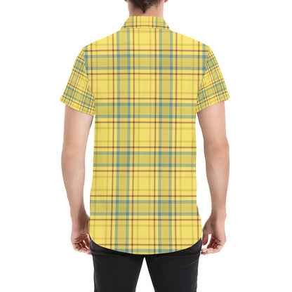 Tartan Yellow Print Design LKS301 Men Short Sleeve Button Up Shirt