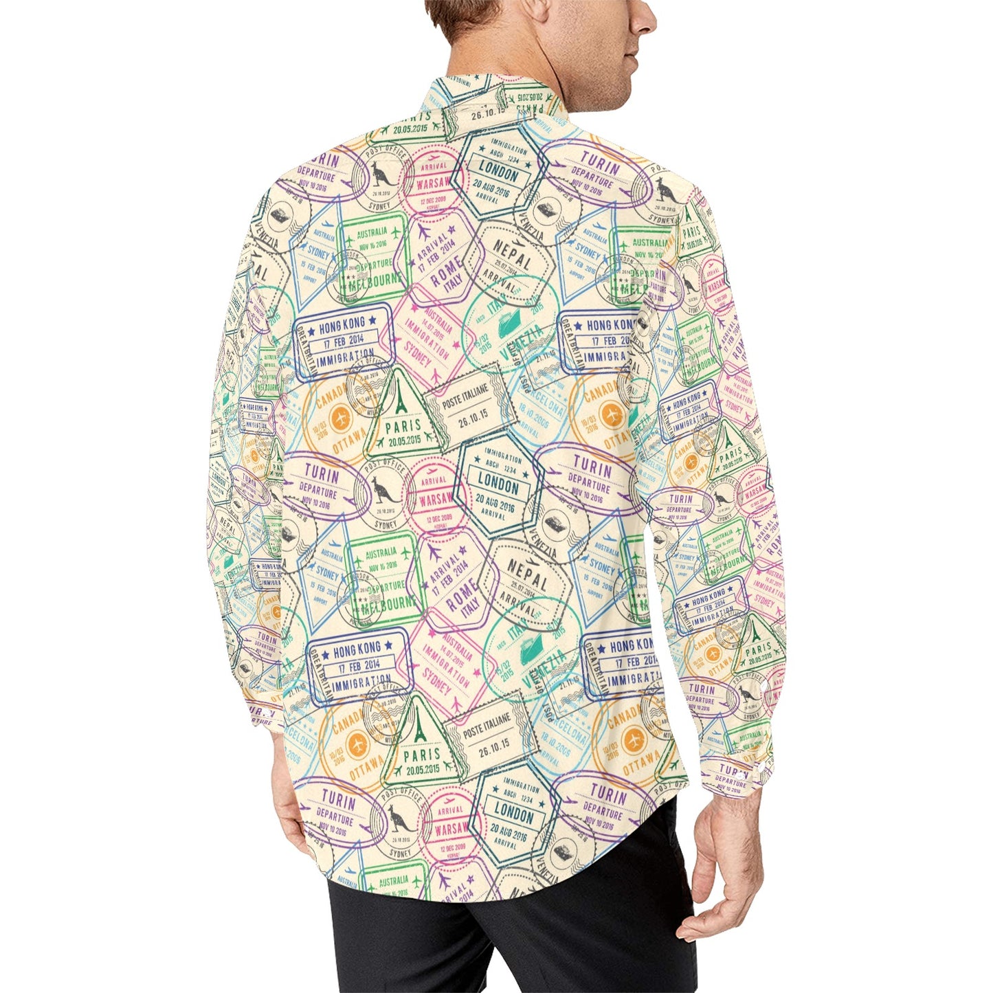 Travel Stamp Print Design LKS303 Men's Long Sleeve Dress Shirt