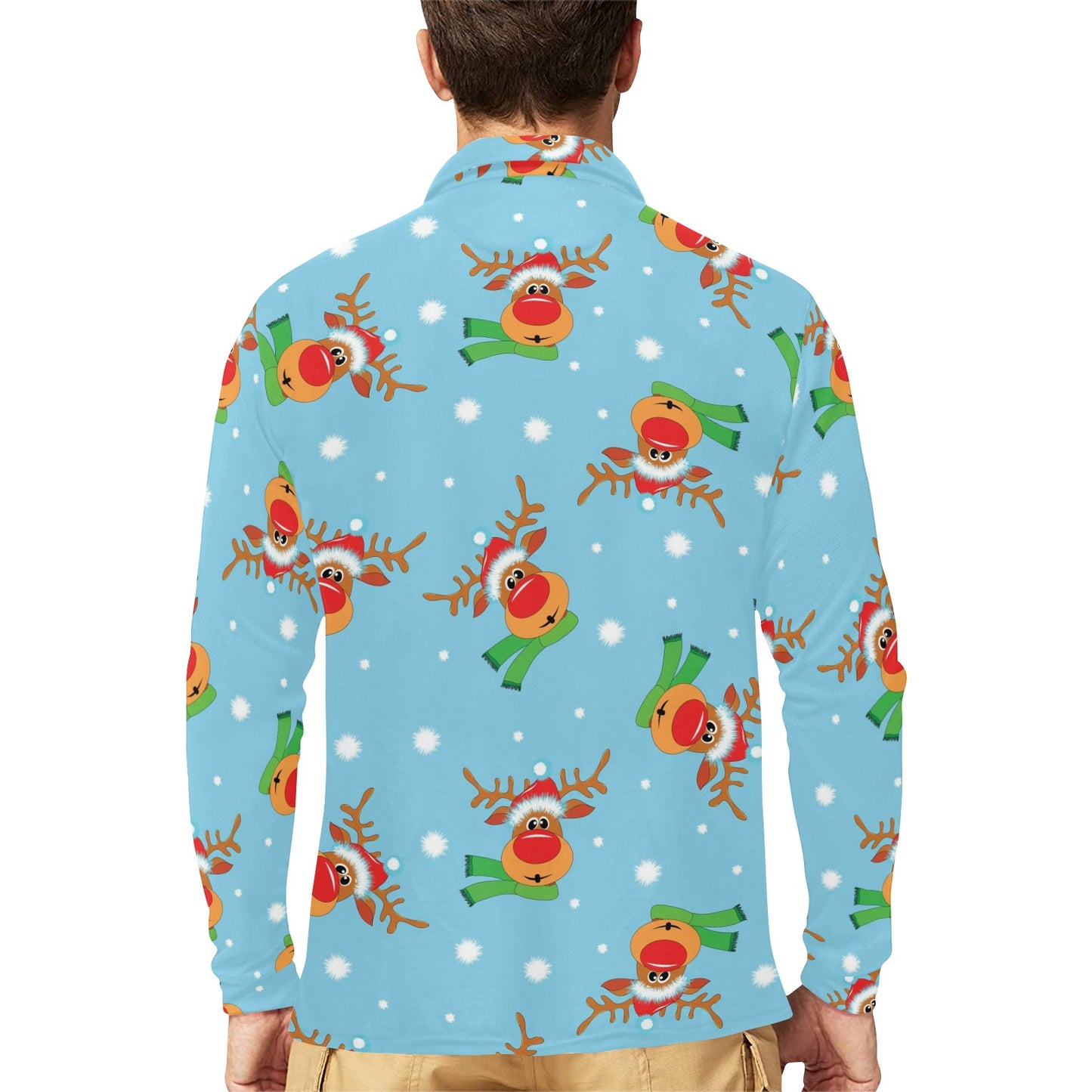 Reindeer cute Pattern Print Design 02 Long Sleeve Polo Shirt For Men's