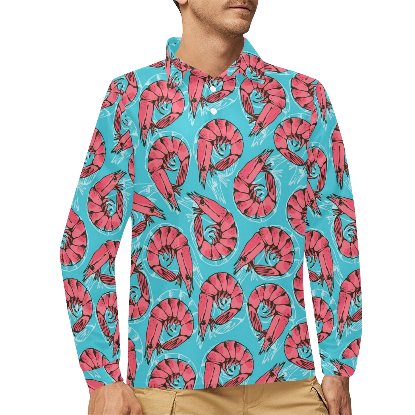 Prawn Pattern Print Design 01 Long Sleeve Polo Shirt For Men's