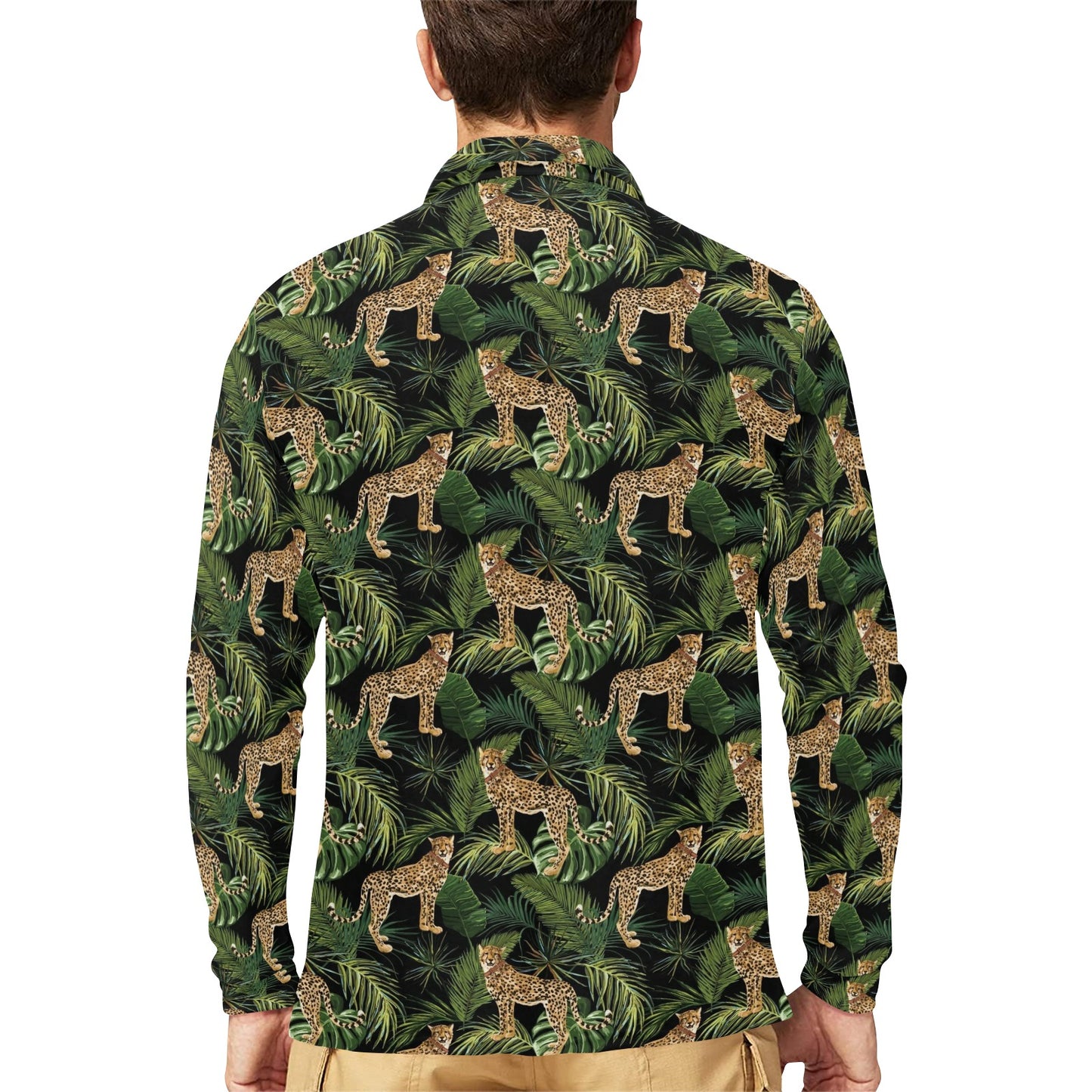 Cheetah Pattern Print Design 05 Long Sleeve Polo Shirt For Men's