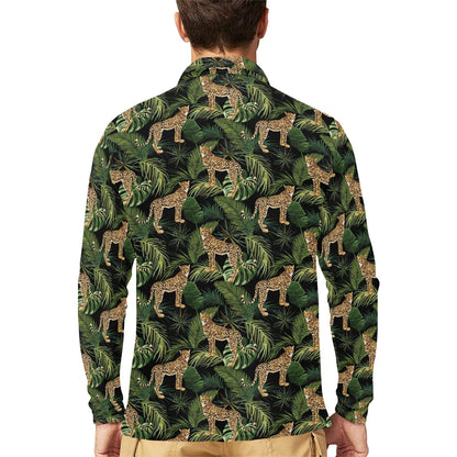 Cheetah Pattern Print Design 05 Long Sleeve Polo Shirt For Men's
