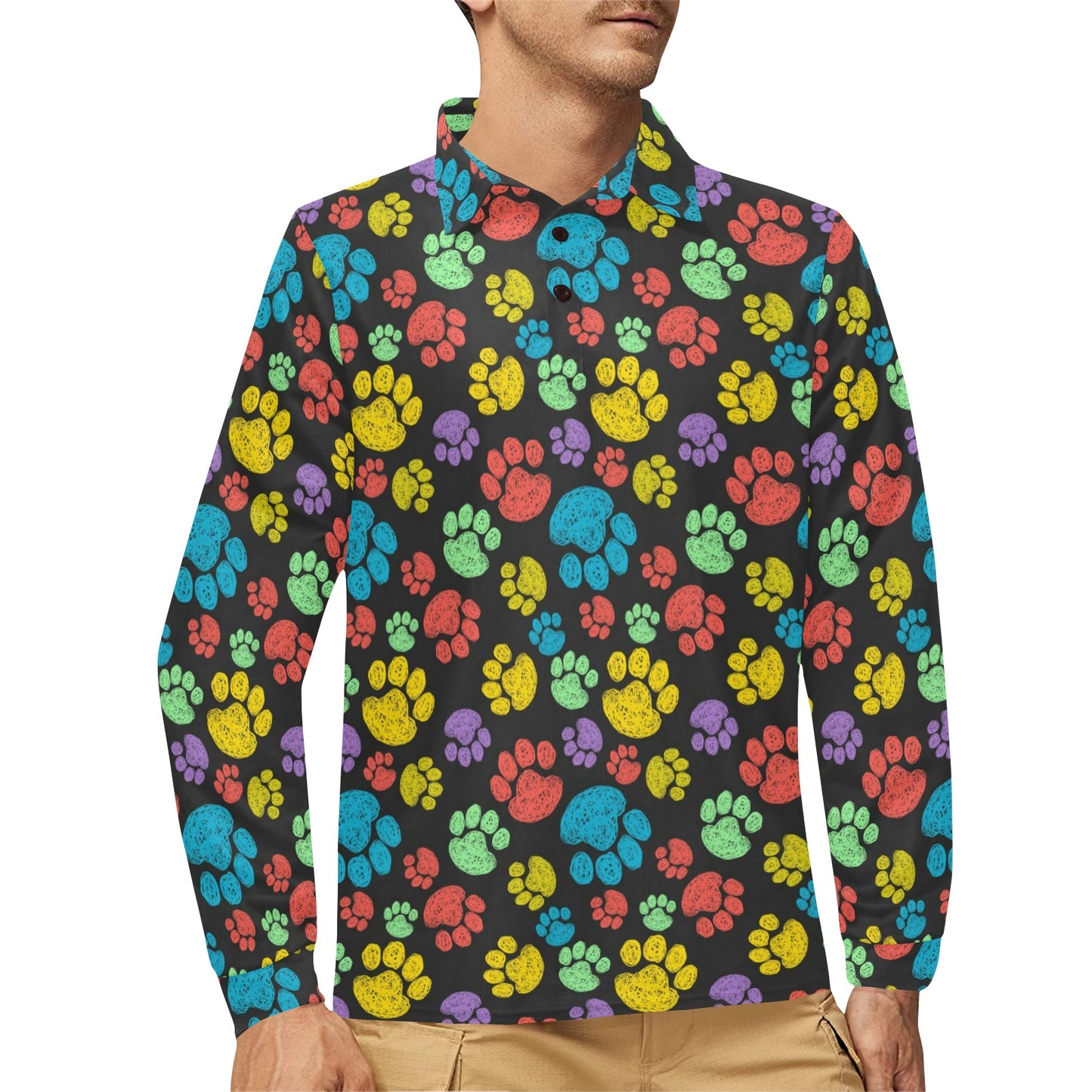 Paw Colorful Print Long Sleeve Polo Shirt For Men's