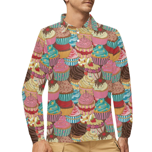 Cupcake Pattern Print Design CP01 Long Sleeve Polo Shirt For Men's