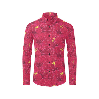 Hibiscus Red Pattern Print LKS308 Men's Long Sleeve Dress Shirt