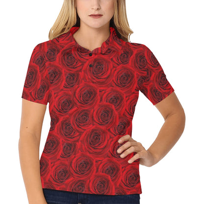 Rose Red Pattern Print Design RO04 Women's Polo Shirt