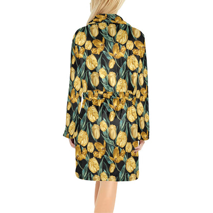 Elegant Yellow Tulip Print Women's Fleece Robe