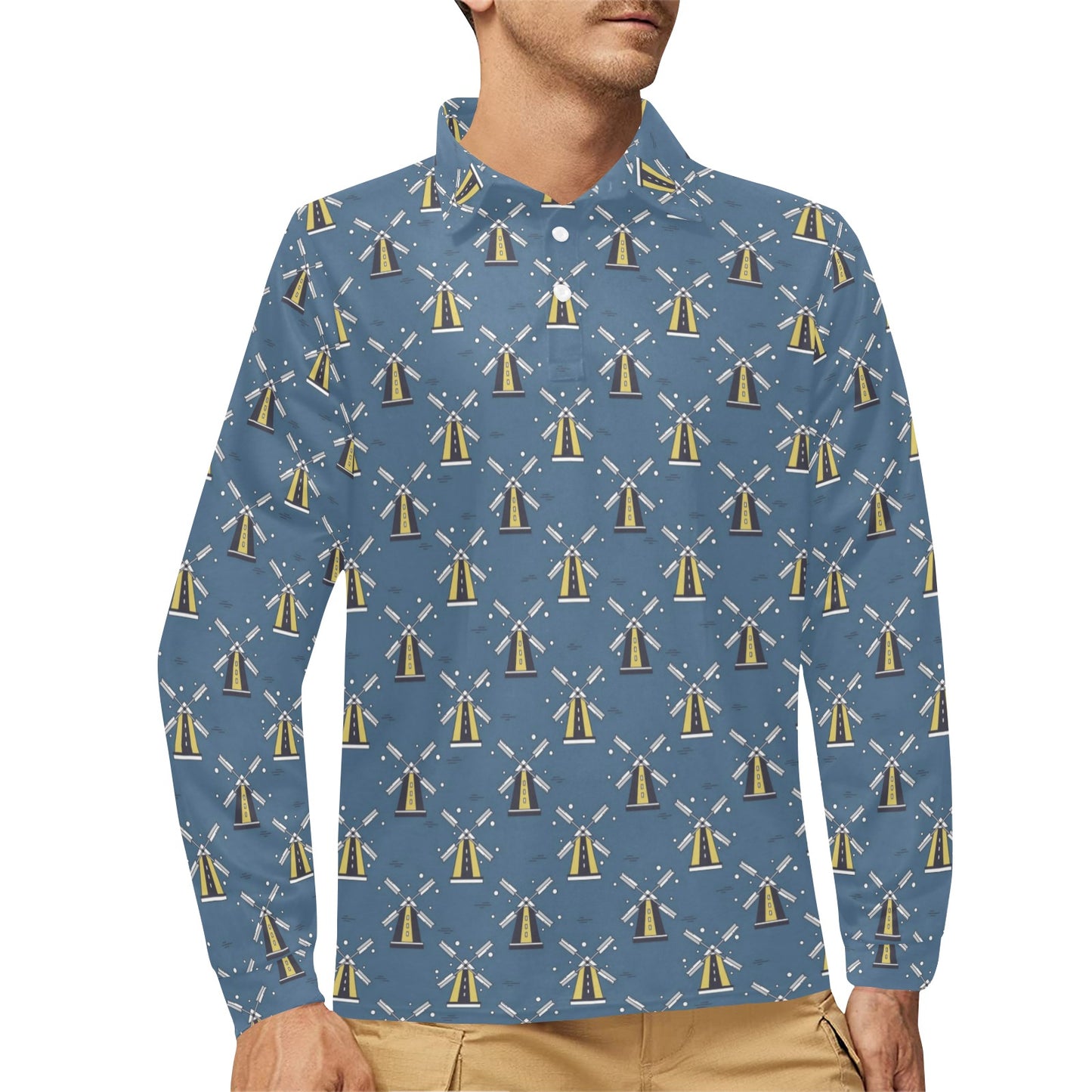 Windmill Pattern Print Design 03 Long Sleeve Polo Shirt For Men's