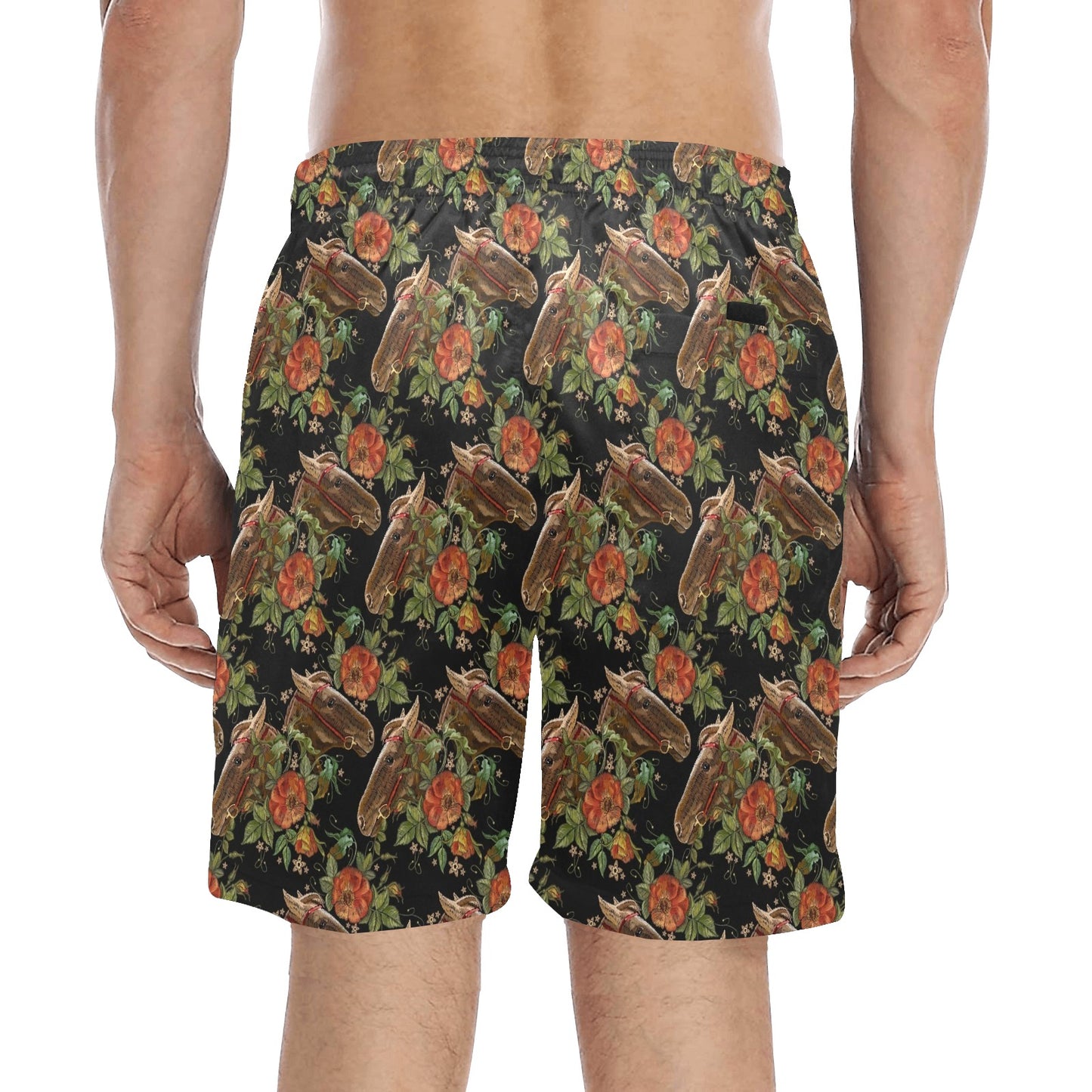 Horse Embroidery with Flower Design Men's Swim Trunks Beach Shorts