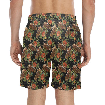 Horse Embroidery with Flower Design Men's Swim Trunks Beach Shorts