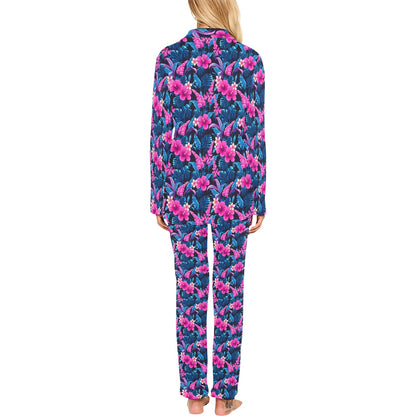 Tropical Folower Pink Themed Print Women's Long Pajama Set