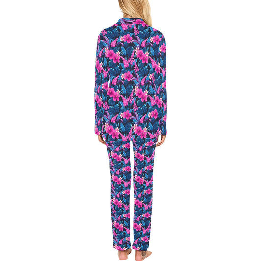 Tropical Folower Pink Themed Print Women's Long Pajama Set