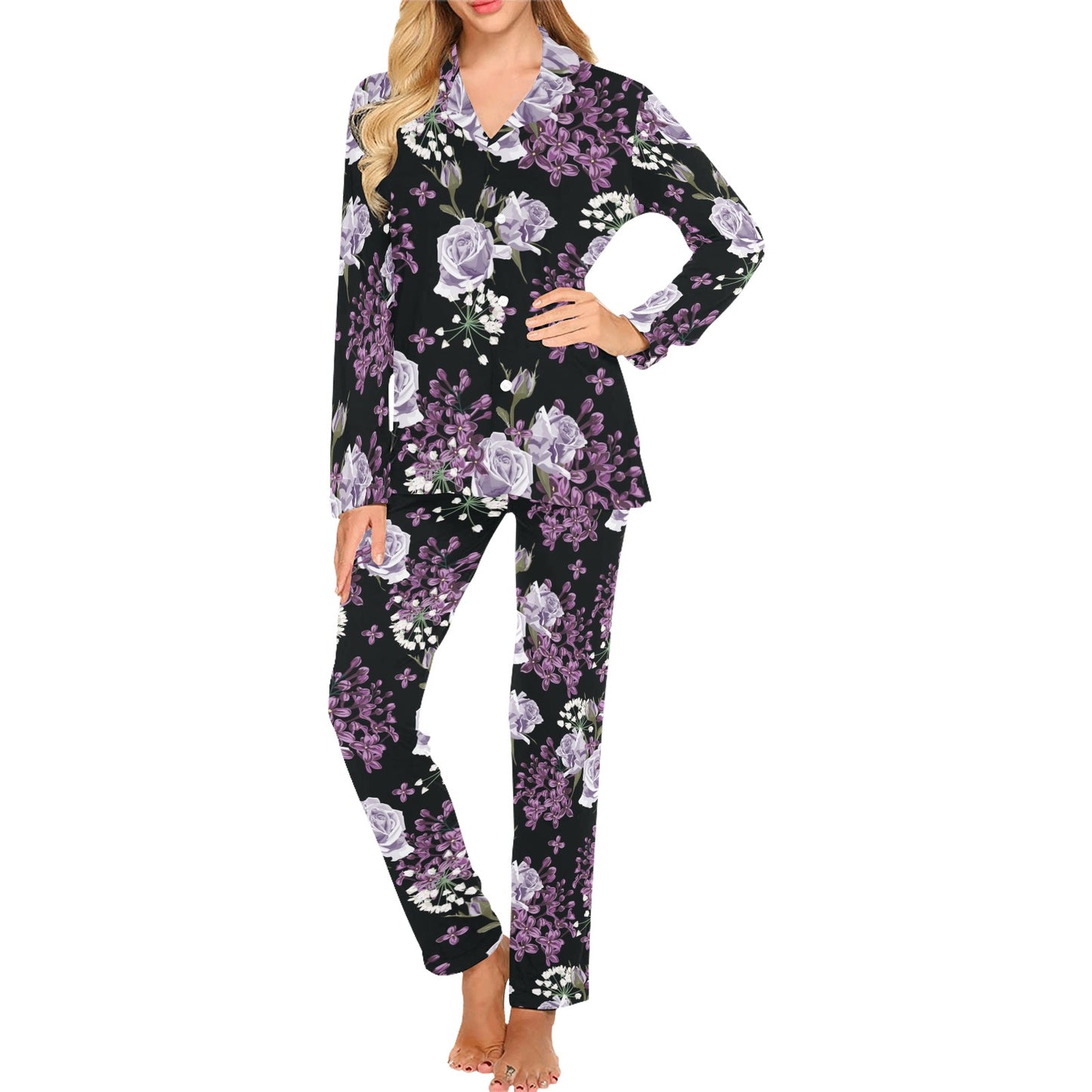 Lilac Pattern Print Design LI04 Women's Long Pajama Set