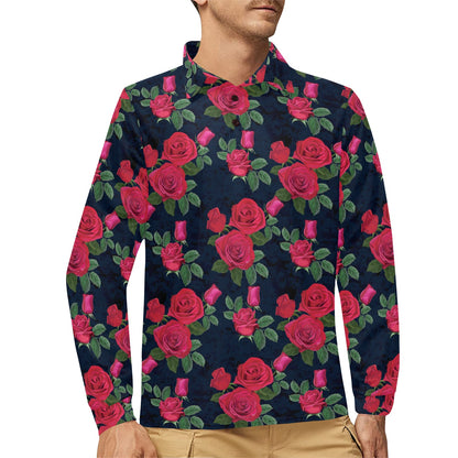 Rose Pattern Print Design A04 Long Sleeve Polo Shirt For Men's