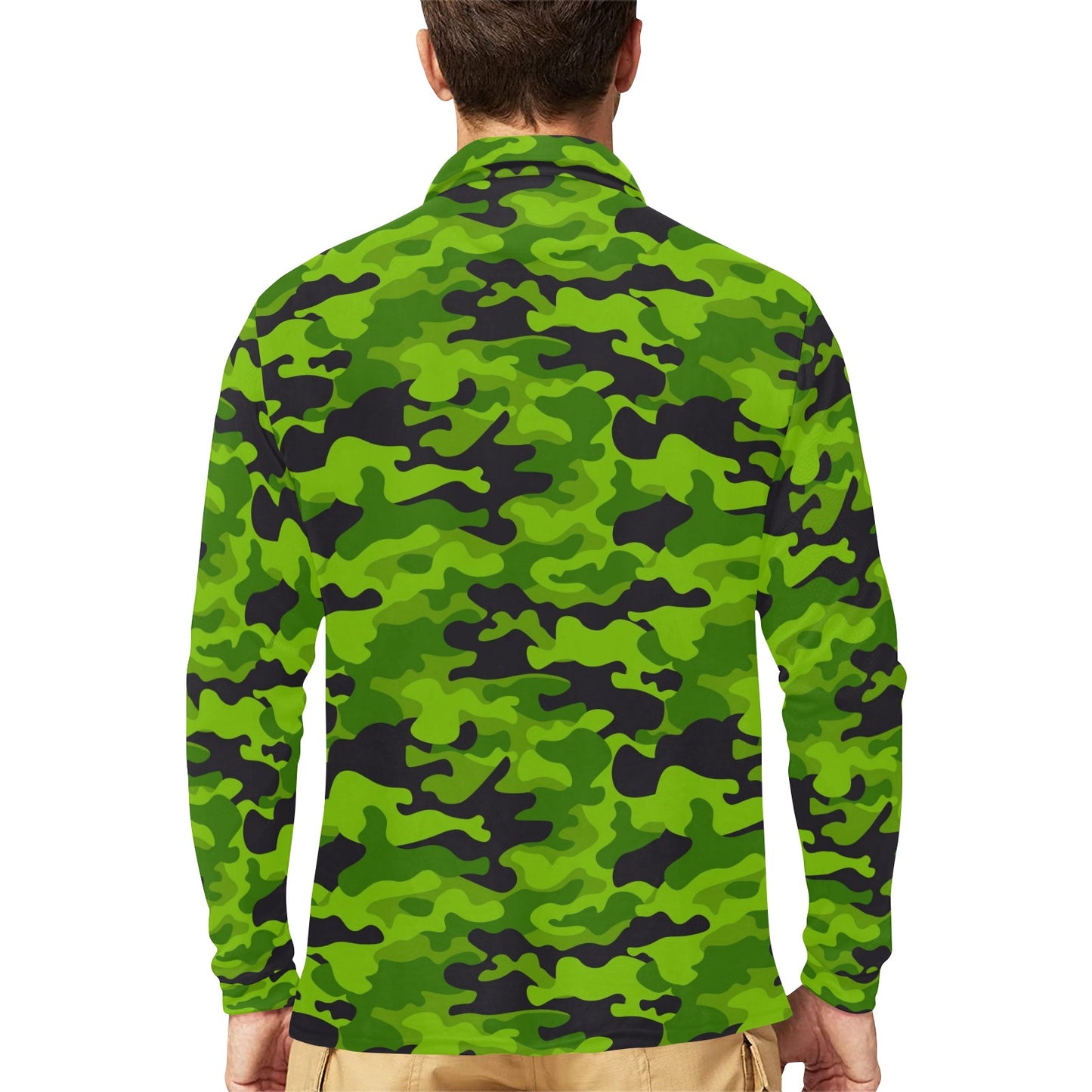 Green Kelly Camo Print Long Sleeve Polo Shirt For Men's