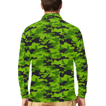 Green Kelly Camo Print Long Sleeve Polo Shirt For Men's
