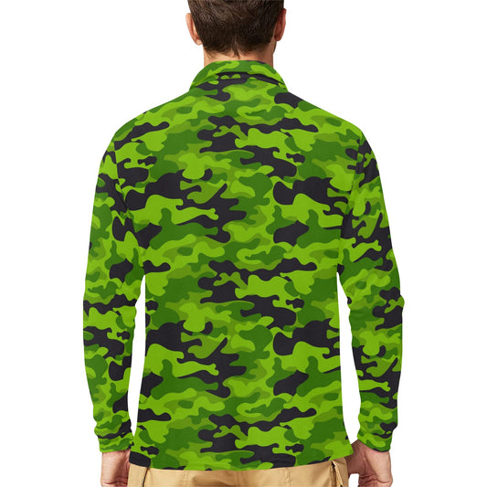 Green Kelly Camo Print Long Sleeve Polo Shirt For Men's