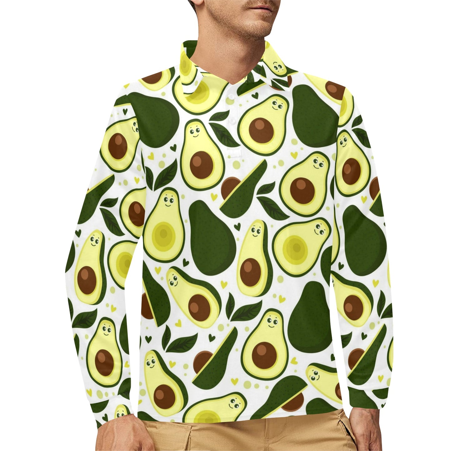 Avocado Pattern Print Design AC06 Long Sleeve Polo Shirt For Men's