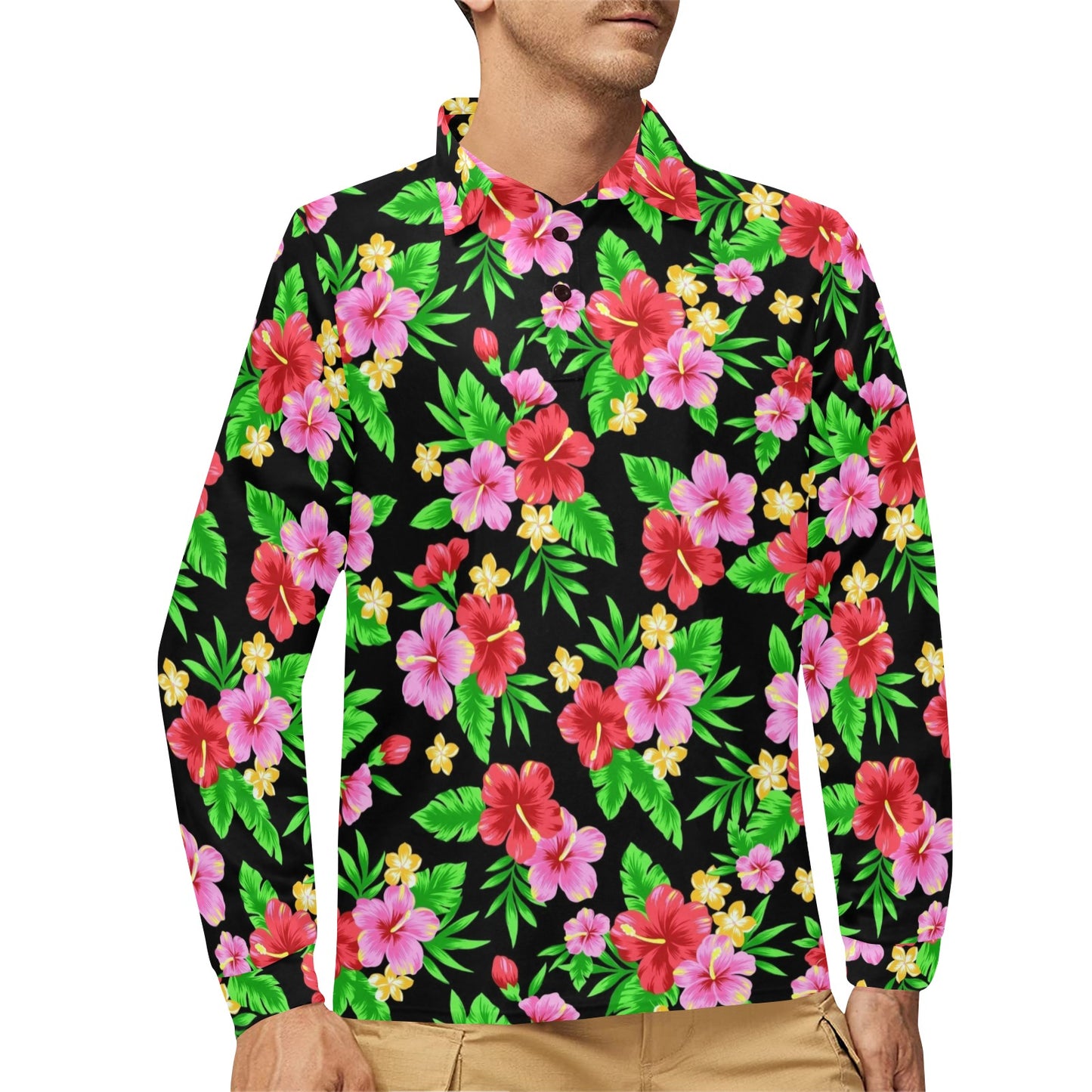 Pink Red Hibiscus Pattern Print Design HB023 Long Sleeve Polo Shirt For Men's