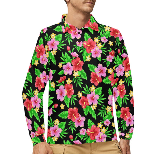 Pink Red Hibiscus Pattern Print Design HB023 Long Sleeve Polo Shirt For Men's
