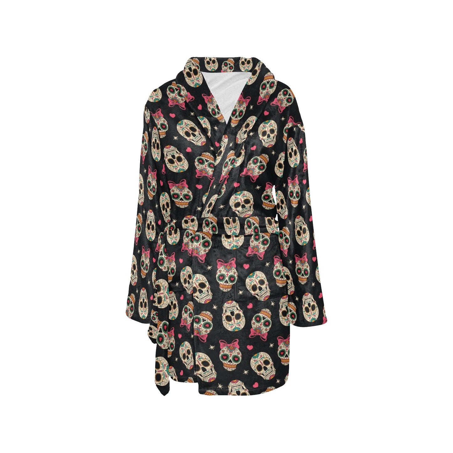 Sugar Skull Pink Bow Themed Print Women's Fleece Robe