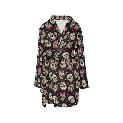 Sugar Skull Pink Bow Themed Print Women's Fleece Robe