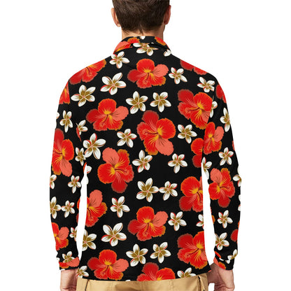 Red Hibiscus Pattern Print Design HB022 Long Sleeve Polo Shirt For Men's