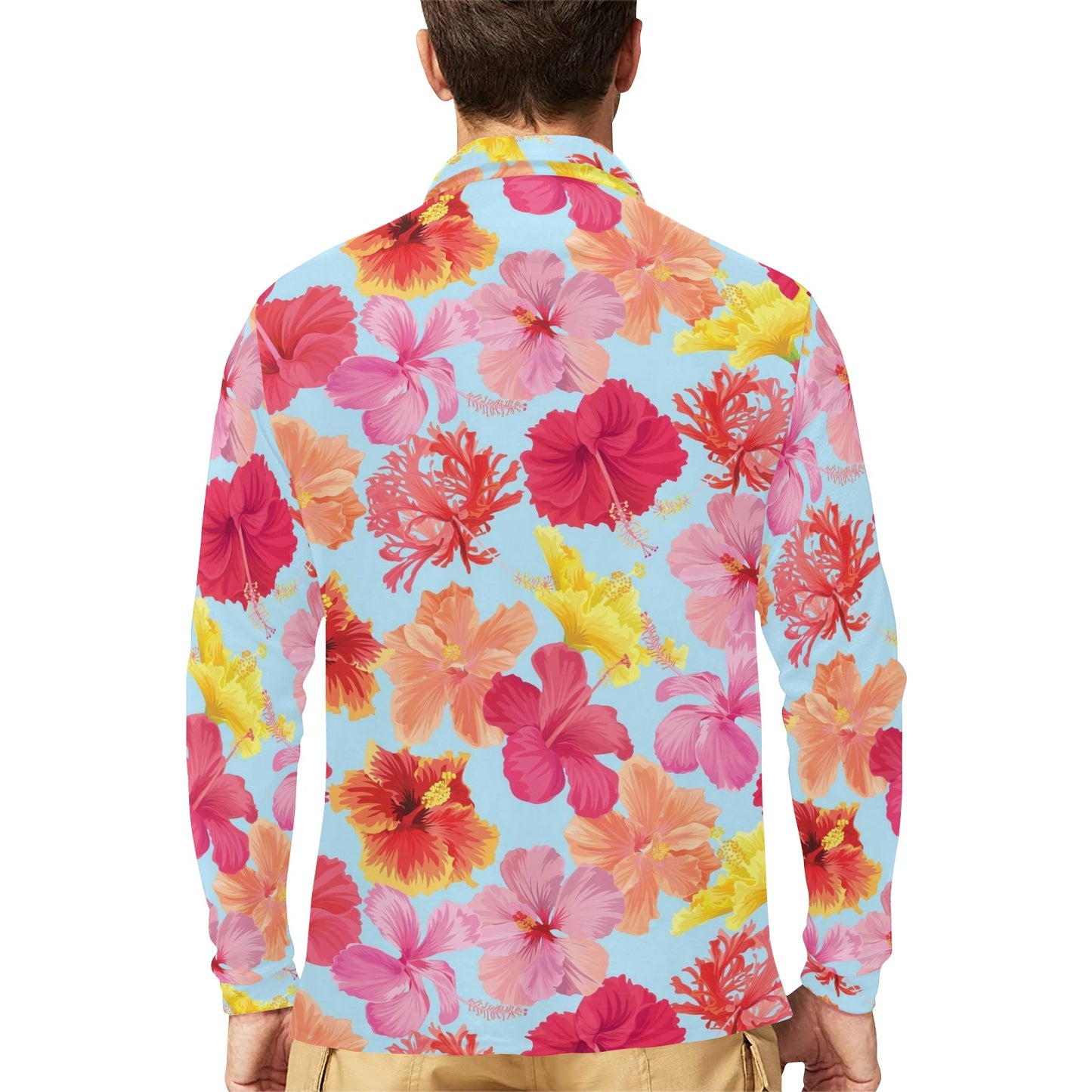Hibiscus Pattern Print Design HB020 Long Sleeve Polo Shirt For Men's
