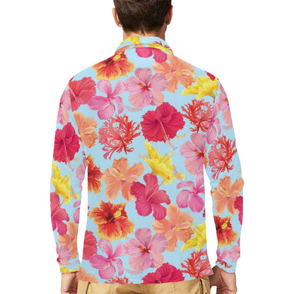 Hibiscus Pattern Print Design HB020 Long Sleeve Polo Shirt For Men's